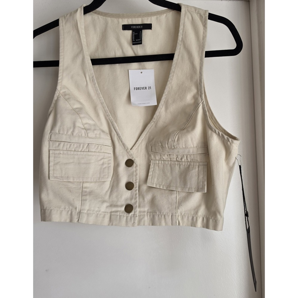 NWT Forever 21 Vest Women S Cream Cotton Sleeveless V-Neck Casual Streetwear